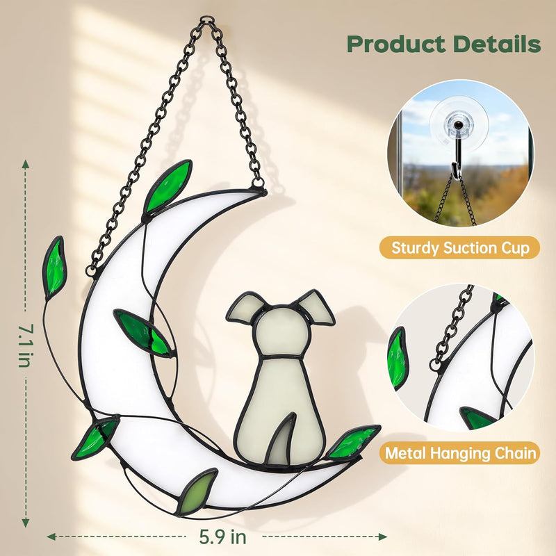 Stained Glass Window Hanging Suncatcher, IDEA SHOW Moon with Leaf Suncatcher, Real Glass Window Hanging Ornament, Handcrafted Home Decor Memorial Gift for Lover Dog Loss (White Dog)