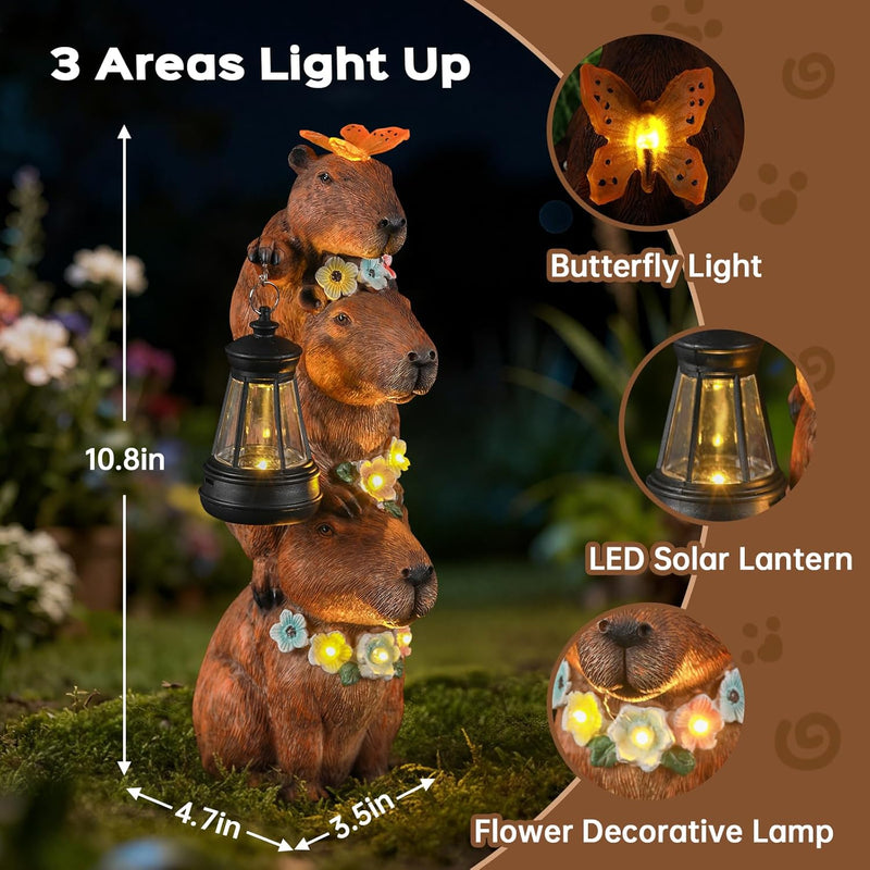IDEA SHOW Capybara Solar Garden Statue, Outdoor Capybara Figurine with Flower Decoration & LED Light, Funny Triple Capybara Decor for Women Mom Yard Garden Patio Lawn Christmas Ornaments