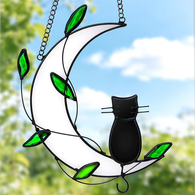 Stained Glass Window Hanging Suncatcher, IDEA SHOW Moon with Leaf Suncatcher, Real Glass Window Hanging Ornament, Handcrafted Home Decor Memorial Gift for Lover Cat Loss (Black Cat)