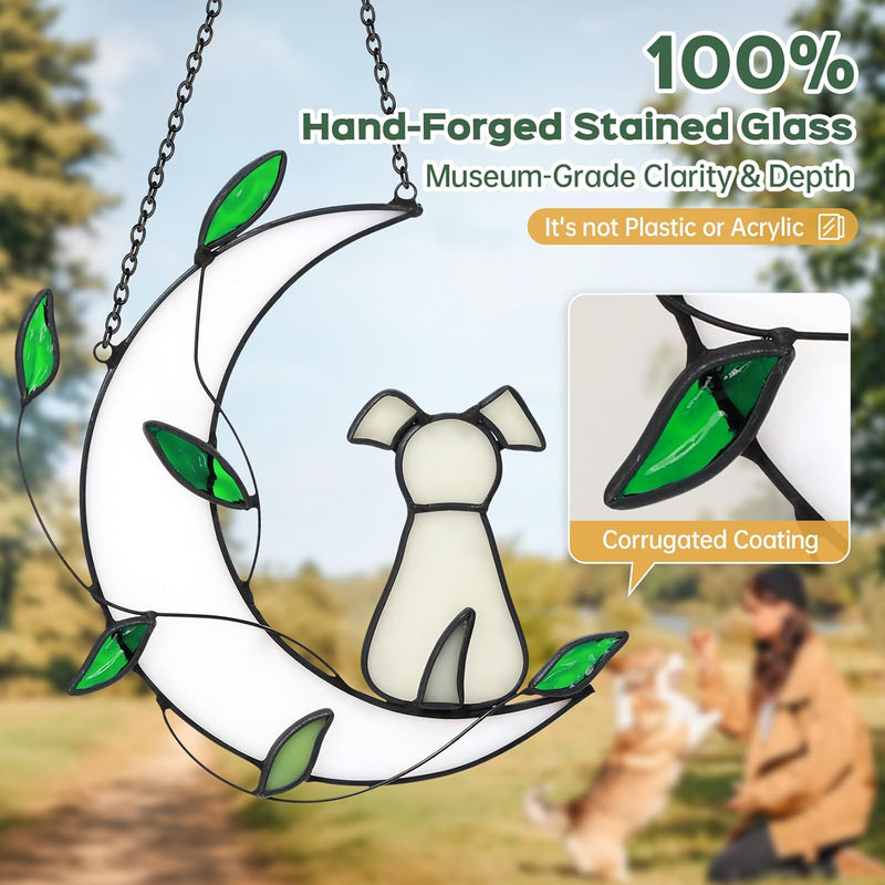 Stained Glass Window Hanging Suncatcher, IDEA SHOW Moon with Leaf Suncatcher, Real Glass Window Hanging Ornament, Handcrafted Home Decor Memorial Gift for Lover Dog Loss (White Dog)