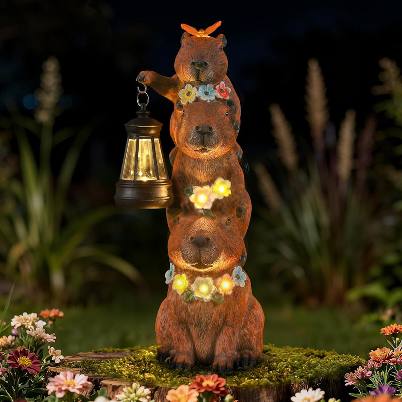 IDEA SHOW Capybara Solar Garden Statue, Outdoor Capybara Figurine with Flower Decoration & LED Light, Funny Triple Capybara Decor for Women Mom Yard Garden Patio Lawn Christmas Ornaments