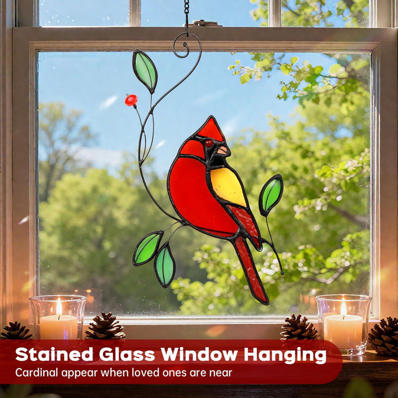 Cardinal Stained Glass Window Hanging, IDEA SHOW Red Cardinal on Branch Ornament Suncatcher, Real Glass Window Hanging Ornament, Handmade Bird Home Decor Memorial Gift for Women, Mom, Bird Lover