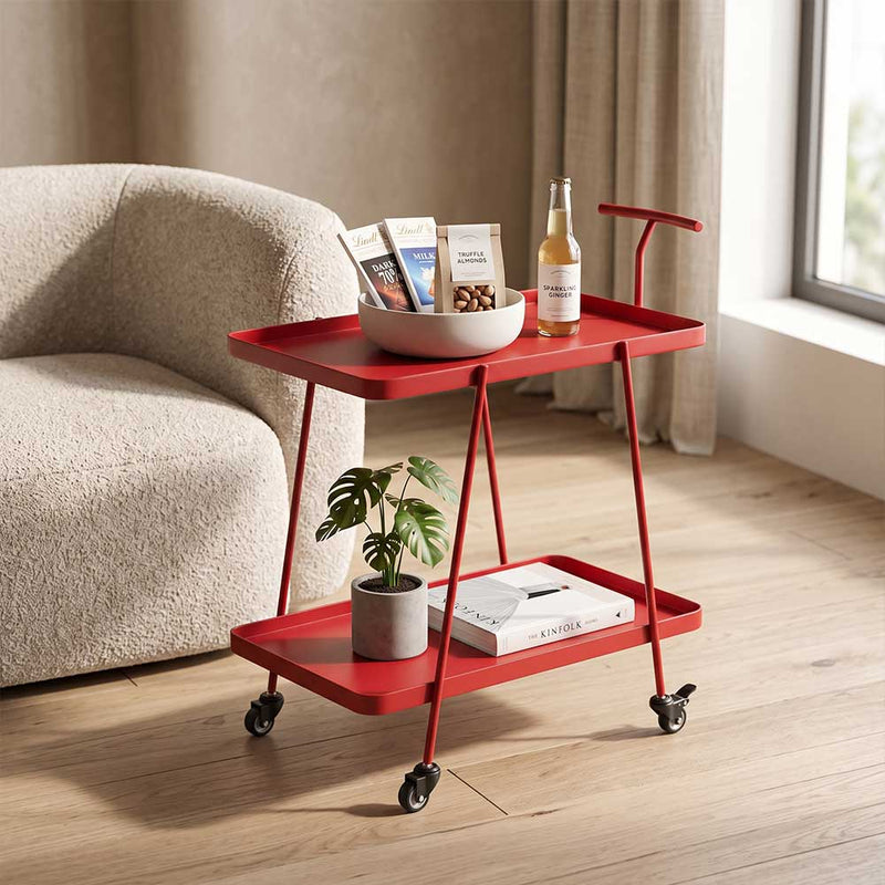 Modern 2-Tier Metal Rolling Bar Cart Side Table with Lockable Wheels