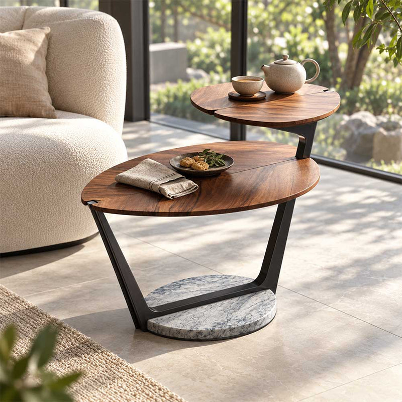 Modern Solid Walnut Leaf Tiered End Table with Marble Base
