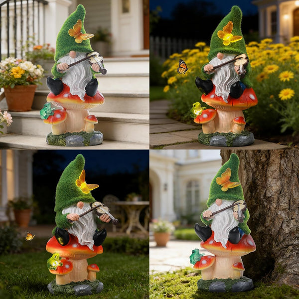 Solar Gnome on Mushroom Stool Statue Decor, Gnome Figurines with Ambiance LED Light for Garden Decorations for Patio Lawn Balcony Fairy Gardens, Housewarming Gifts for Women Mom Grandma
