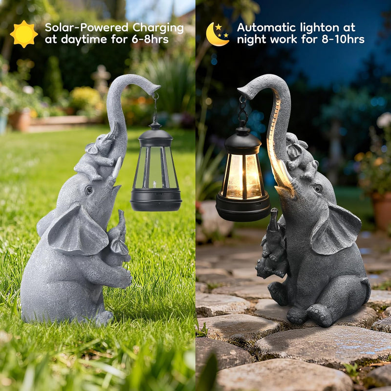IDEA SHOW Solar Outdoor Garden Decor, Elephant Statue with Lantern for Patio, Yard Ornament and Lawn Decoration, Birthday Housewarming Gift for Mom, Wife, Gardeners