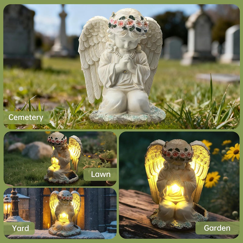 IDEA SHOW Solar Angel Prayer Statue, Memory Guardian Garden Decor with Warm Light - Religious Outdoor Decor, Auto On/Off LED Light, Memorial Gift for Cemetery, Patio & Gravesite