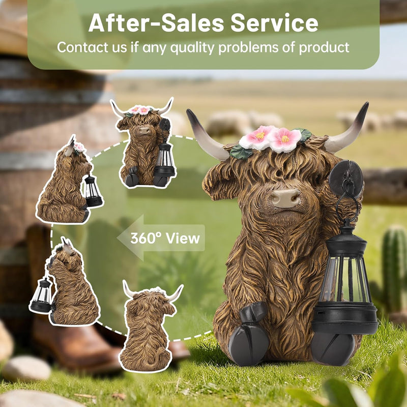 Ayadon Solar Highland Cow Garden Outdoor Statue,Highland Cow Figurines Sculpture with LED,Farmhouse Decor,Patio Balcony Yard for Pasture & Farm Theme Housewarming Gifts for Women Mom