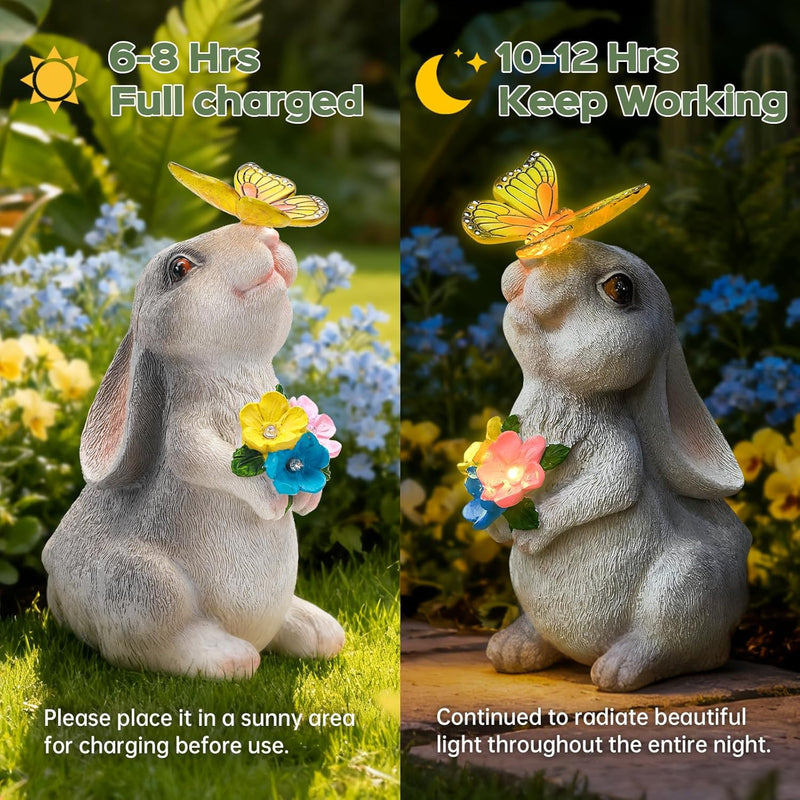 IDEA SHOW Solar Bunny Statues Light with Butterfly LED - Auto On/Off Weathproof Resin Garden Figurine Decor Gift for Pathway, Patio & Mom's Flower Bed (Warm Light)