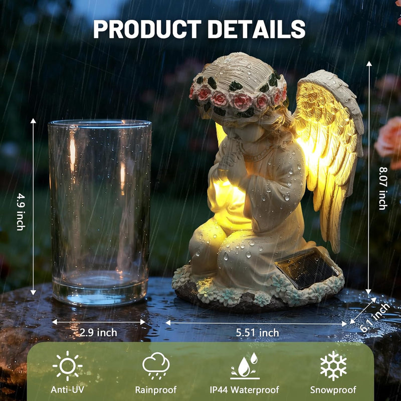 IDEA SHOW Solar Angel Prayer Statue, Memory Guardian Garden Decor with Warm Light - Religious Outdoor Decor, Auto On/Off LED Light, Memorial Gift for Cemetery, Patio & Gravesite