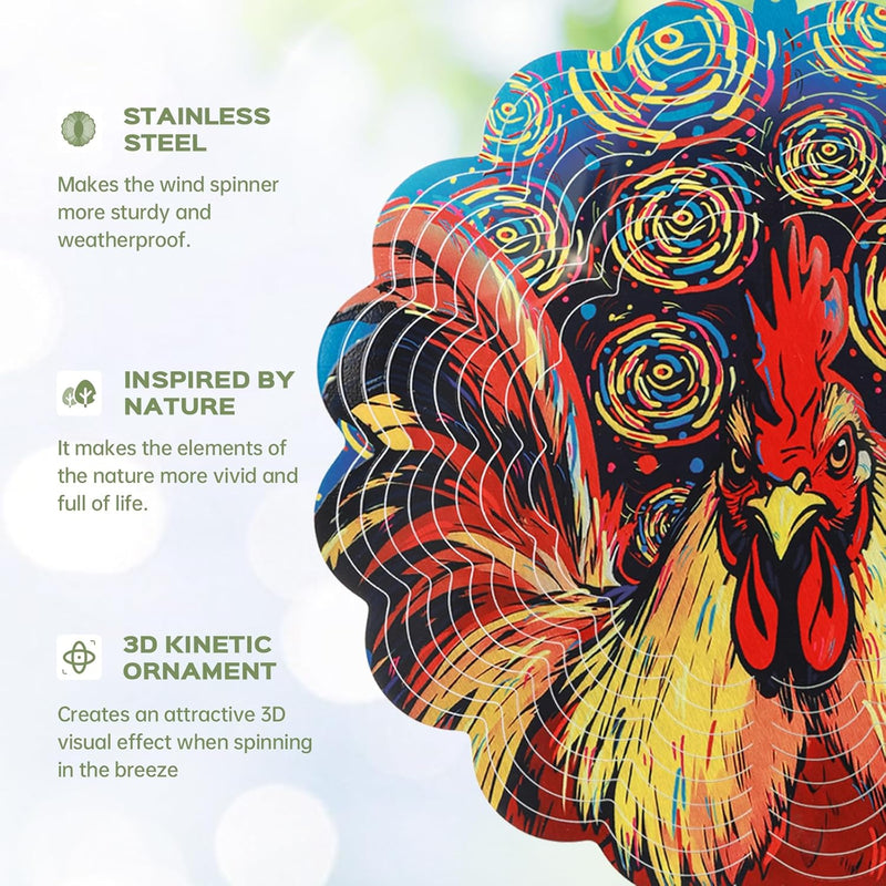 Wind Spinners Outdoor, IDEA SHOW 12In Stainless Steel Wind Spinners Outside, 3D Kinetic Hanging Sculpture, Rustproof Metal Garden Decor Ornaments for Yard Art, Women, Men, Holidays (Red Rooster)