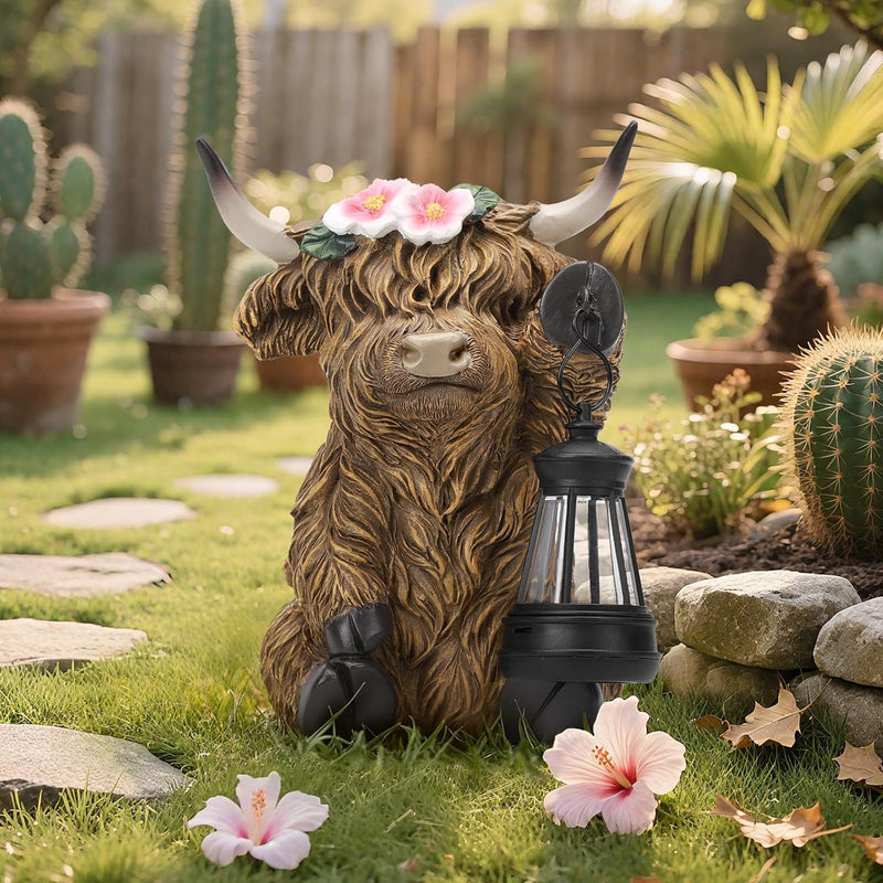 Ayadon Solar Highland Cow Garden Outdoor Statue,Highland Cow Figurines Sculpture with LED,Farmhouse Decor,Patio Balcony Yard for Pasture & Farm Theme Housewarming Gifts for Women Mom
