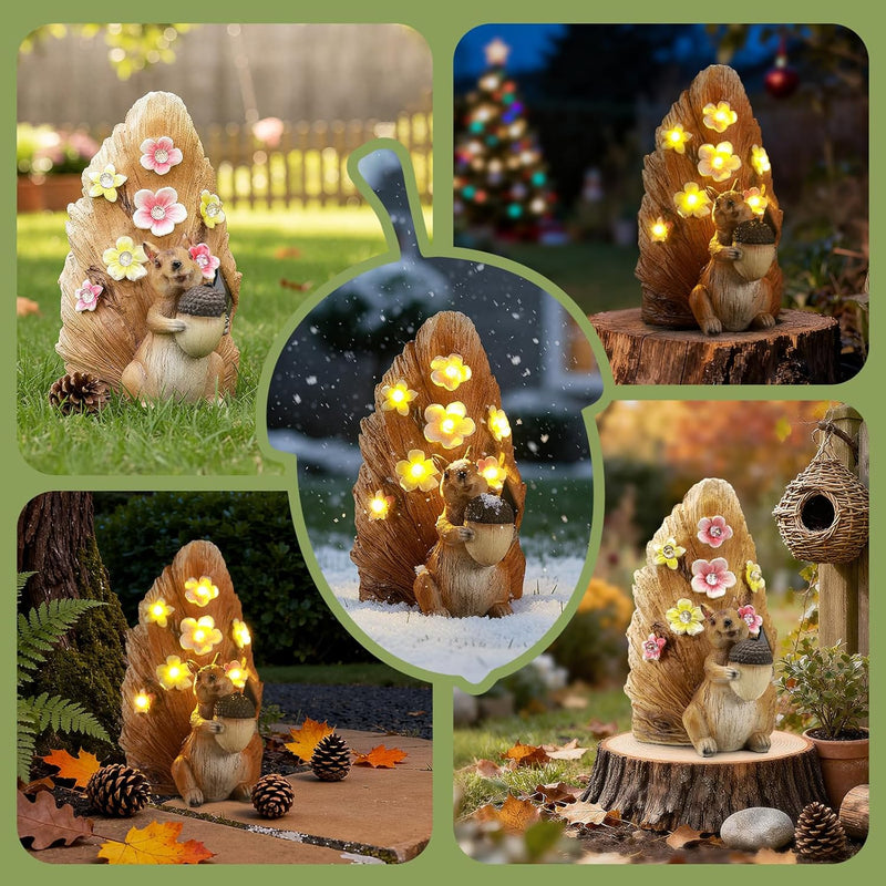 Solar Squirrel Statue Ourdoor Decor,Squirrel Figurines with Flower LED Light Decorations for Garden Woodland Patio Yard Porch, Housewarmng for Women Mom Grandma