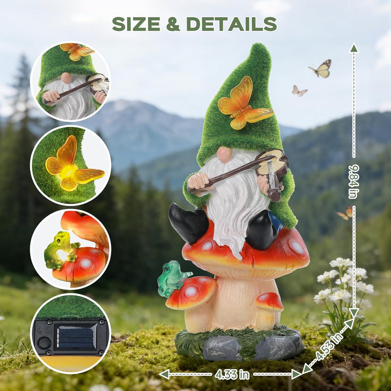 Solar Gnome on Mushroom Stool Statue Decor, Gnome Figurines with Ambiance LED Light for Garden Decorations for Patio Lawn Balcony Fairy Gardens, Housewarming Gifts for Women Mom Grandma