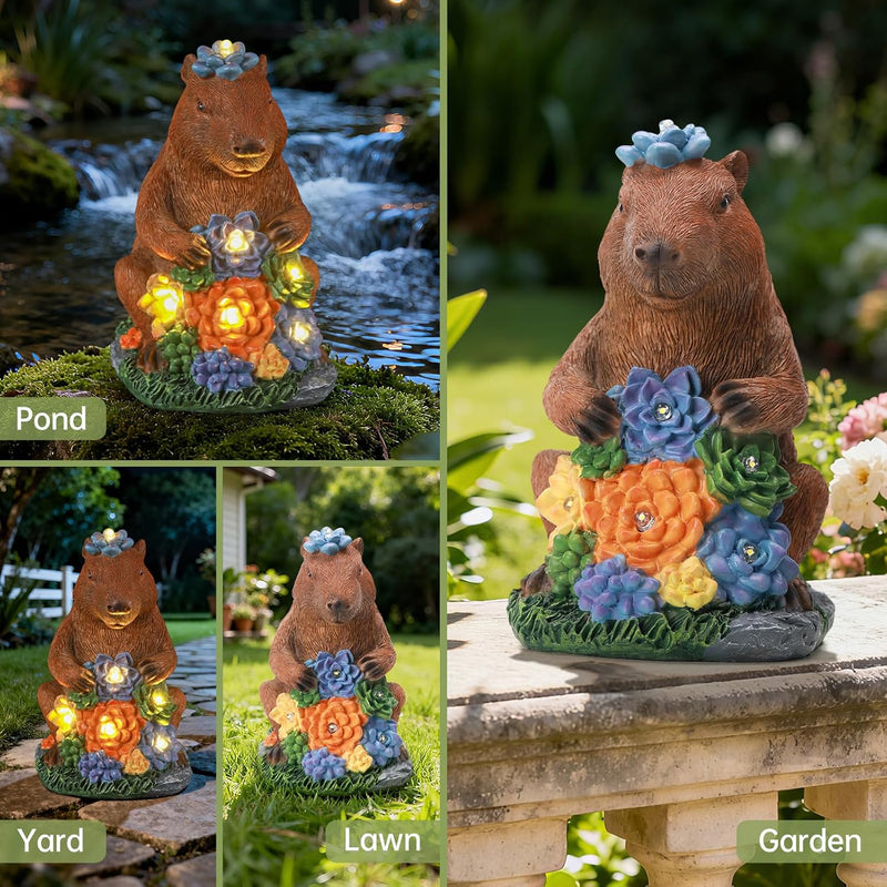 Ayadon Solar Capybara Statue Outdoor Decor,Capybara Figurines with Flower LED Light,Zen Friend for Patio Pond,Yoga Garden Spaces,Housewarming for Women