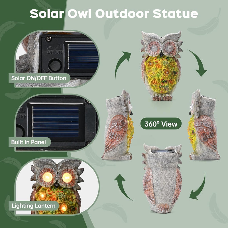 IDEA SHOW Solar owl Garden Statues Outdoor Decor, Resin Owl Figurine Decorations with Solar Light, Whimsical Owl Sculpture for Patio, Balcony, Yard, Lawn Ornament, Perfect Garden