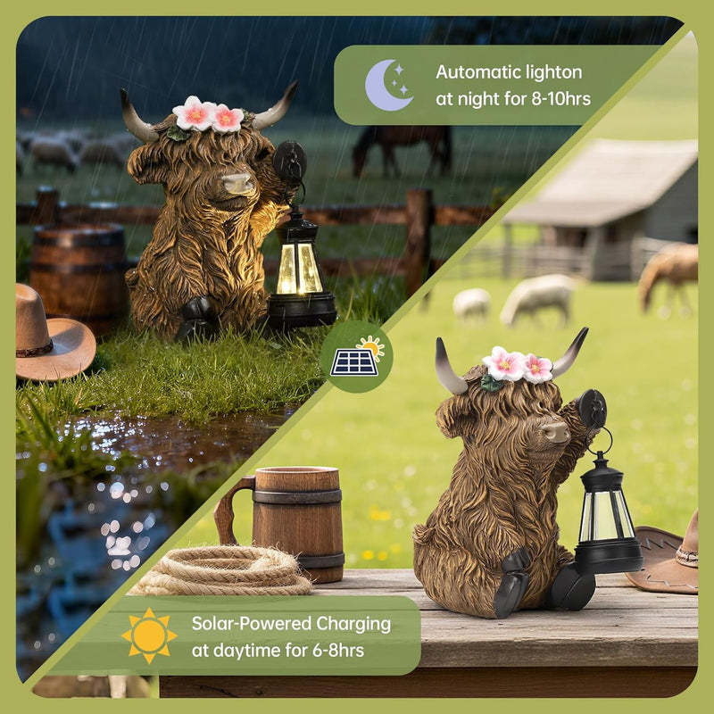Ayadon Solar Highland Cow Garden Outdoor Statue,Highland Cow Figurines Sculpture with LED,Farmhouse Decor,Patio Balcony Yard for Pasture & Farm Theme Housewarming Gifts for Women Mom