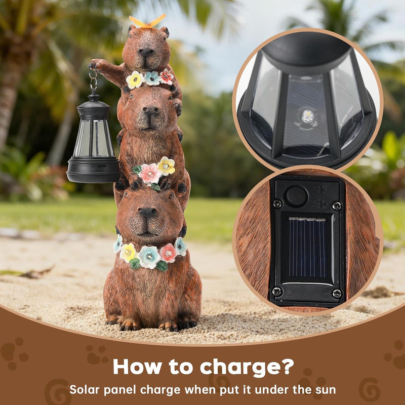 IDEA SHOW Capybara Solar Garden Statue, Outdoor Capybara Figurine with Flower Decoration & LED Light, Funny Triple Capybara Decor for Women Mom Yard Garden Patio Lawn Christmas Ornaments
