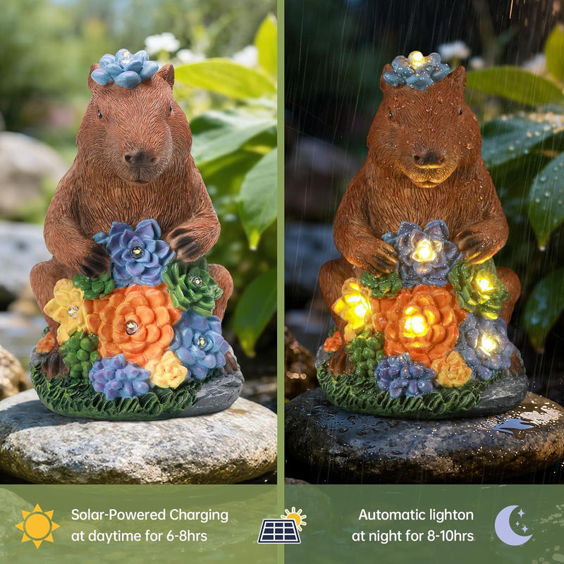 Ayadon Solar Capybara Statue Outdoor Decor,Capybara Figurines with Flower LED Light,Zen Friend for Patio Pond,Yoga Garden Spaces,Housewarming for Women