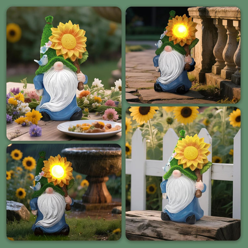 Solar Gnome Statue Outdoor Decor,Gnome Figurines with Glowing Sunflower LED Light Decoratons,for Garden Patio Yard Lawn Balcony,Housewarmng Christmas Fairytale Gifts for Women Mom Grandma