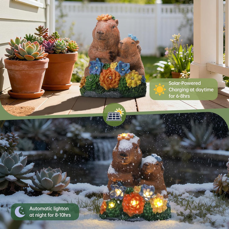 Solar Capybara Statue Outdoor Decor, Capybara Family Figurines with LED Light for Pond Patio Gardens Lawn, Housewarming for Women Mom Grandma