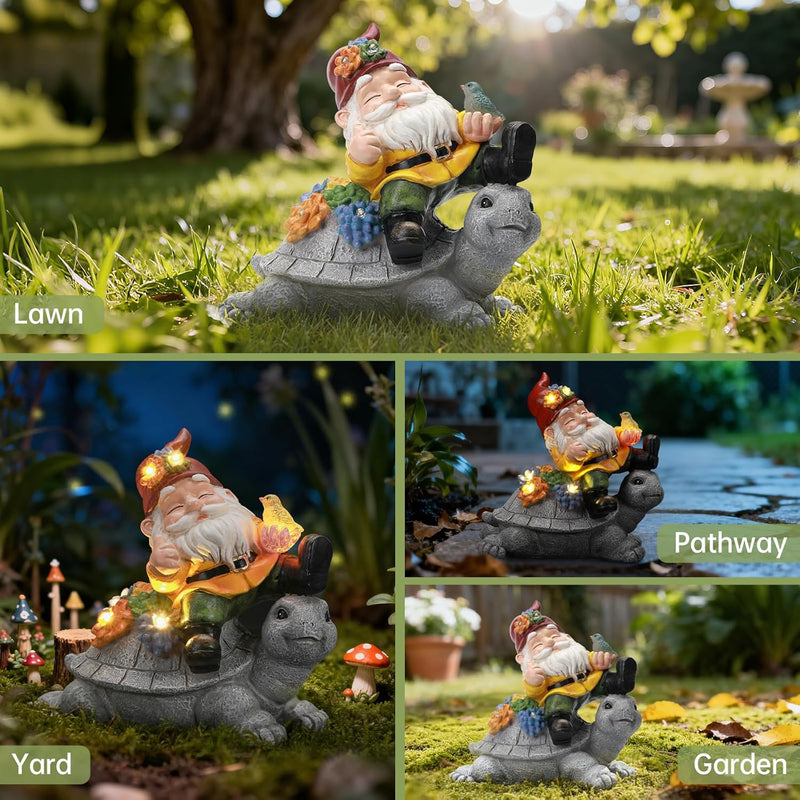 Ayadon Solar Gnome Statue Outdoor Decor, Gnome on Turtle Figurines with LED Light for for Fairy Garden Yard Balcony Lawn Christmas Housewarming Whimsical Gifts for Women Mom Grandma