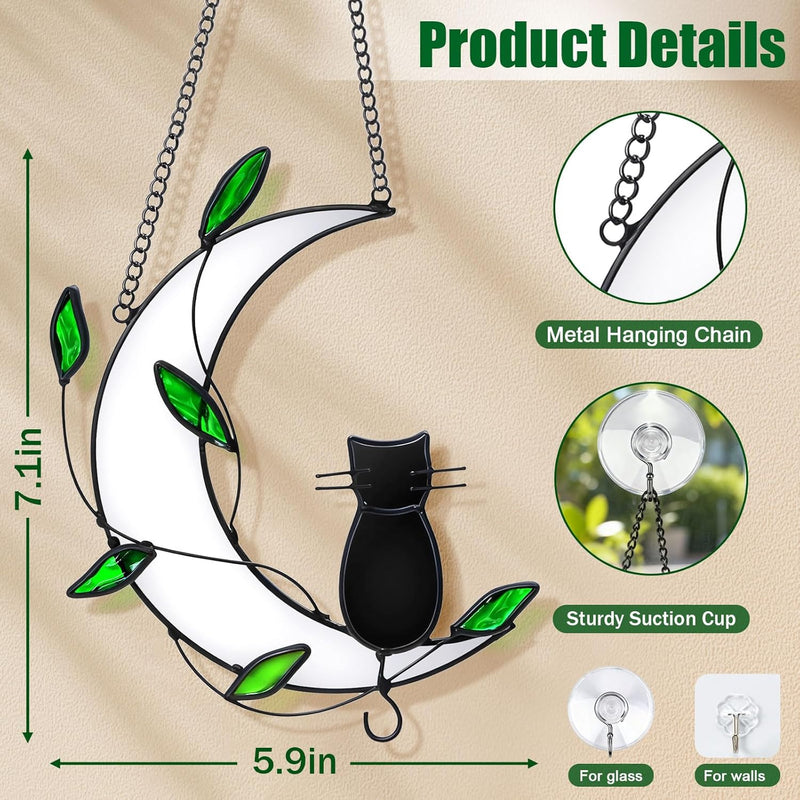 Stained Glass Window Hanging Suncatcher, IDEA SHOW Moon with Leaf Suncatcher, Real Glass Window Hanging Ornament, Handcrafted Home Decor Memorial Gift for Lover Cat Loss (Black Cat)