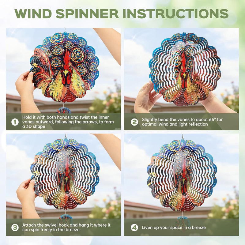 Wind Spinners Outdoor, IDEA SHOW 12In Stainless Steel Wind Spinners Outside, 3D Kinetic Hanging Sculpture, Rustproof Metal Garden Decor Ornaments for Yard Art, Women, Men, Holidays (Red Rooster)