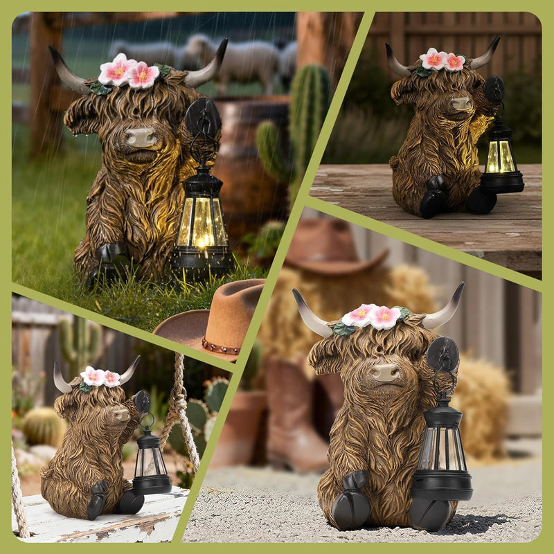 Ayadon Solar Highland Cow Garden Outdoor Statue,Highland Cow Figurines Sculpture with LED,Farmhouse Decor,Patio Balcony Yard for Pasture & Farm Theme Housewarming Gifts for Women Mom