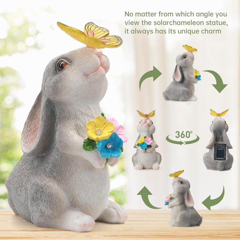 IDEA SHOW Solar Bunny Statues Light with Butterfly LED - Auto On/Off Weathproof Resin Garden Figurine Decor Gift for Pathway, Patio & Mom's Flower Bed (Warm Light)
