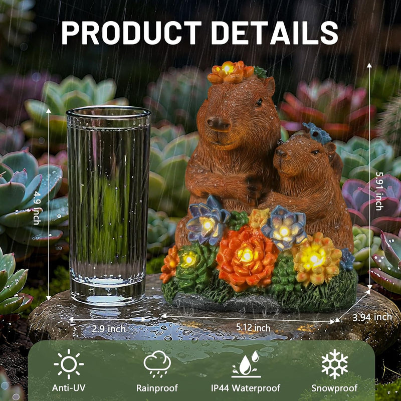 Solar Capybara Statue Outdoor Decor, Capybara Family Figurines with LED Light for Pond Patio Gardens Lawn, Housewarming for Women Mom Grandma