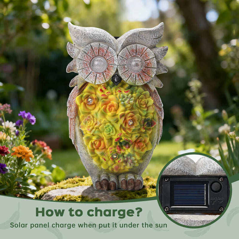 IDEA SHOW Solar owl Garden Statues Outdoor Decor, Resin Owl Figurine Decorations with Solar Light, Whimsical Owl Sculpture for Patio, Balcony, Yard, Lawn Ornament, Perfect Garden