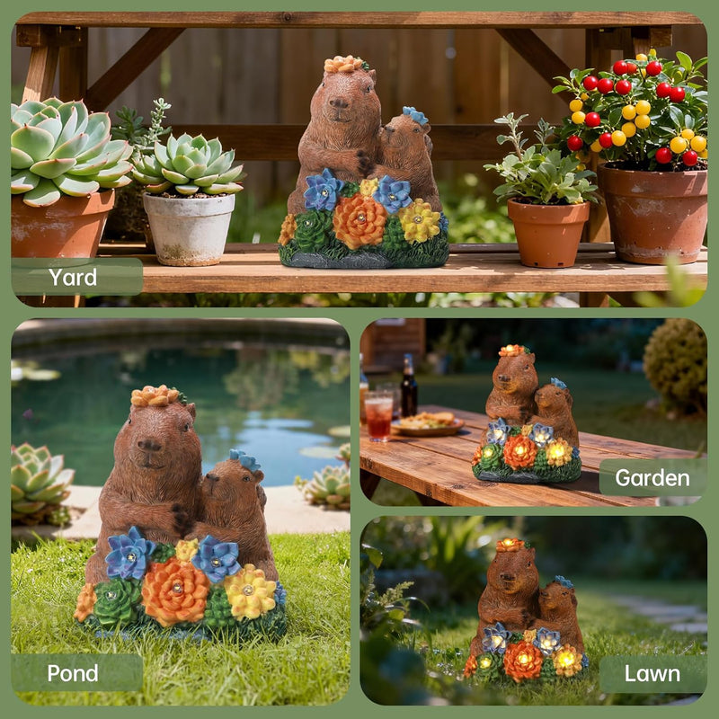 Solar Capybara Statue Outdoor Decor, Capybara Family Figurines with LED Light for Pond Patio Gardens Lawn, Housewarming for Women Mom Grandma