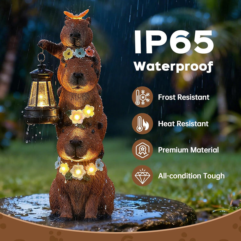 IDEA SHOW Capybara Solar Garden Statue, Outdoor Capybara Figurine with Flower Decoration & LED Light, Funny Triple Capybara Decor for Women Mom Yard Garden Patio Lawn Christmas Ornaments