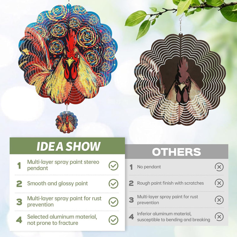 Wind Spinners Outdoor, IDEA SHOW 12In Stainless Steel Wind Spinners Outside, 3D Kinetic Hanging Sculpture, Rustproof Metal Garden Decor Ornaments for Yard Art, Women, Men, Holidays (Red Rooster)