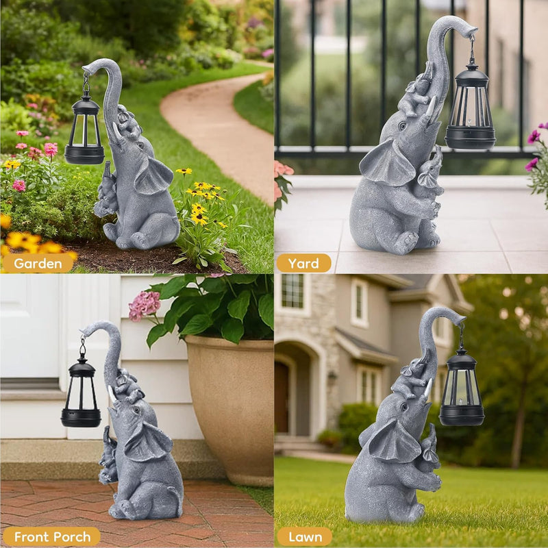 IDEA SHOW Solar Outdoor Garden Decor, Elephant Statue with Lantern for Patio, Yard Ornament and Lawn Decoration, Birthday Housewarming Gift for Mom, Wife, Gardeners