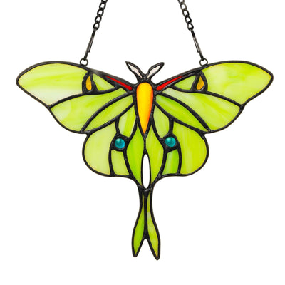 Luna Moth Sun Catcher Stained Glass Window Hanging - IDEA SHOW 7.3 Inch Handmade Real Glass Suncatcher Ornaments, Elegant Green Butterfly Memorial Gifts for Women, Mom, Grandma, Indoor Home Decor
