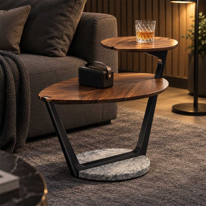 Modern Solid Walnut Leaf Tiered End Table with Marble Base