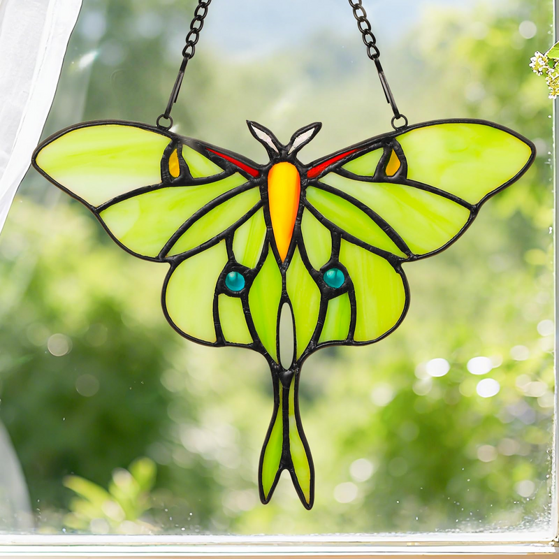 Luna Moth Sun Catcher Stained Glass Window Hanging - IDEA SHOW 7.3 Inch Handmade Real Glass Suncatcher Ornaments, Elegant Green Butterfly Memorial Gifts for Women, Mom, Grandma, Indoor Home Decor