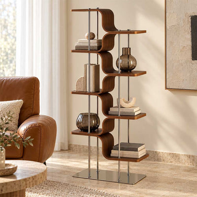 Modern Curved Plywood Corner Bookshelf Freestanding Display Rack
