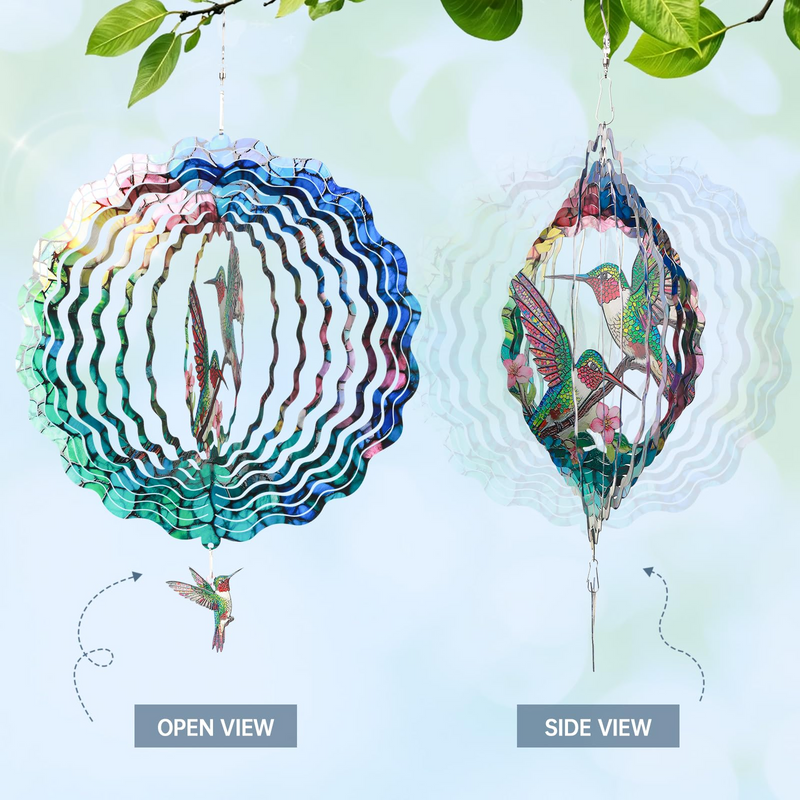 Wind Spinners Outdoor, IDEA SHOW 12In Stainless Steel Wind Spinners Outside, 3D Kinetic Hanging Sculpture, Rustproof Metal Garden Decor Ornaments for Yard Art, Women, Men, Holidays (Green Hummingbird)