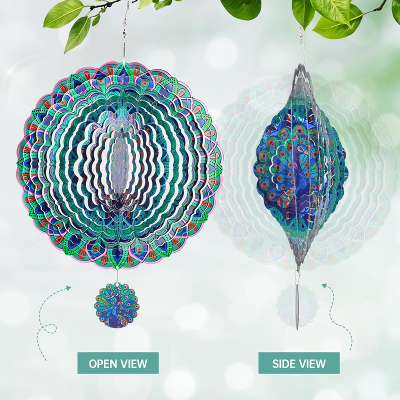 Wind Spinners Outdoor, IDEA SHOW 12In Stainless Steel Wind Spinners Outside, 3D Kinetic Hanging Sculpture, Rustproof Metal Garden Decor Ornaments for Yard Art, Women, Men, Holidays (Blue Peacock)