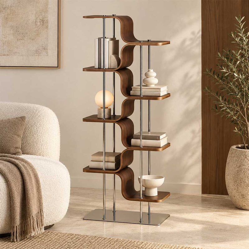 Modern Curved Plywood Corner Bookshelf Freestanding Display Rack