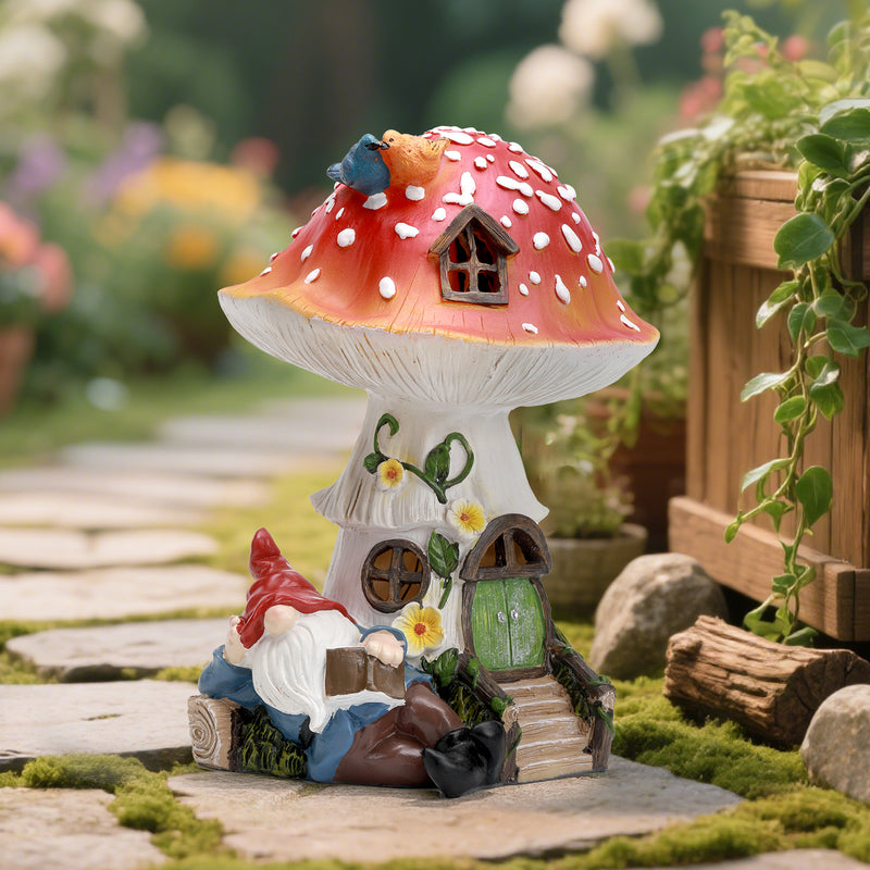 Solar Mushroom Gnome Reading Light, Weatherproof Resin Fairy Garden Figurine Decor Auto On/Off - Book Lover for Pathway & Patio