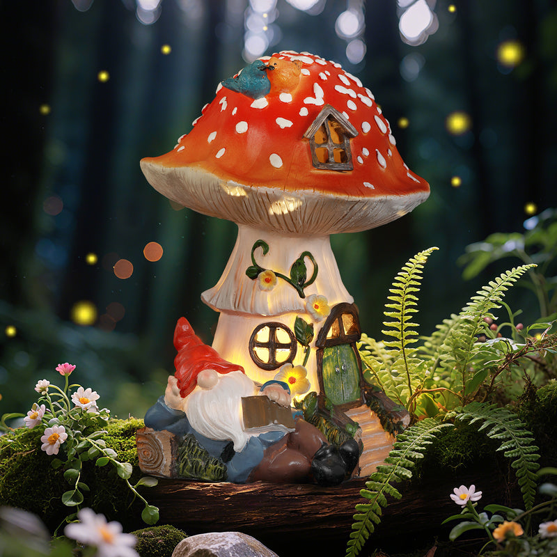 Solar Mushroom Gnome Reading Light, Weatherproof Resin Fairy Garden Figurine Decor Auto On/Off - Book Lover for Pathway & Patio