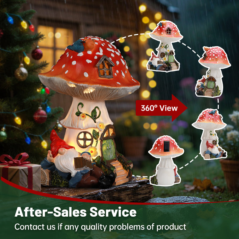 Solar Mushroom Gnome Reading Light, Weatherproof Resin Fairy Garden Figurine Decor Auto On/Off - Book Lover for Pathway & Patio