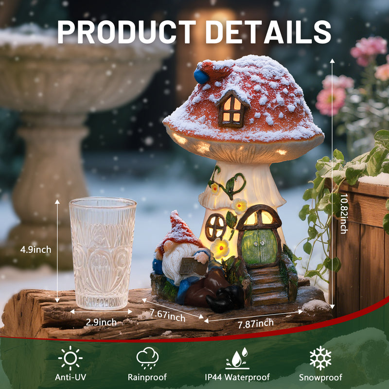 Solar Mushroom Gnome Reading Light, Weatherproof Resin Fairy Garden Figurine Decor Auto On/Off - Book Lover for Pathway & Patio