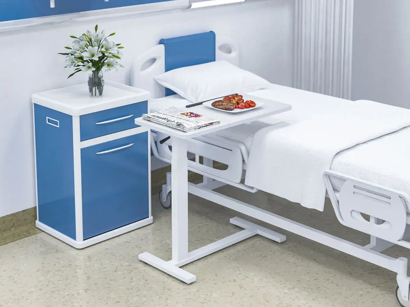 2025 Hot Selling Overbed Table in Hospitals and Clinics Medical Adjustable Height Pneumatic Bedside Table With Wheels