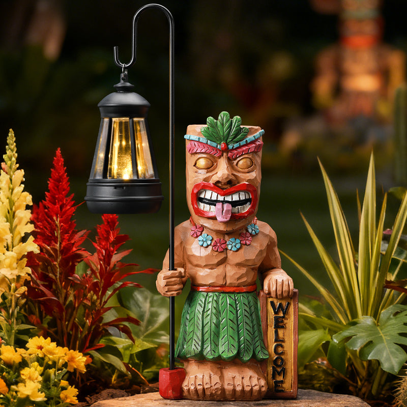 Solar Tiki Outdoor Statues Funny Tiki Bar Decor with Solar Light Waterproof Figurines Outside Decoration for Lawn Yard Balcony Patio Garden Gifts for Christmas Housewarming