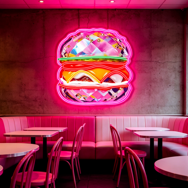 IDEASHOW-Pink Burger Led Neon Sign Light Neon Print UV-Border Lighting Effects